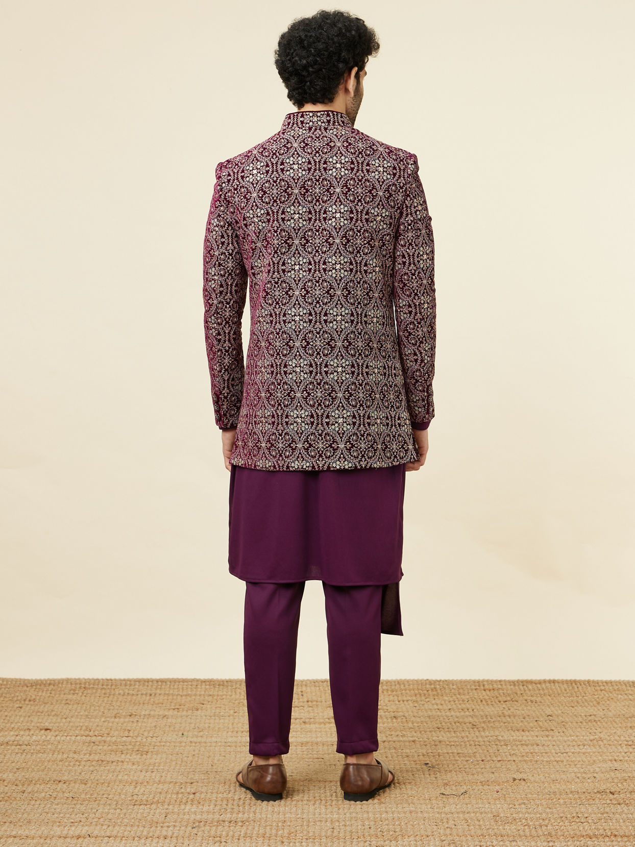 Manyavar Men Wine Red Jaal Patterned Drape Detailed Indo Western Set