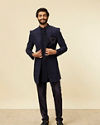 Manyavar Men Dark Blue Paisley Printed Indo Western Set