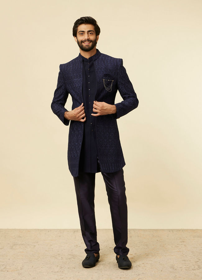 Manyavar Men Dark Blue Paisley Printed Indo Western Set