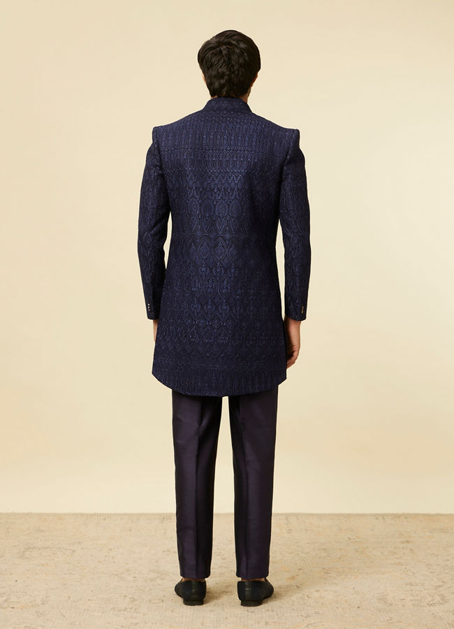 Manyavar Men Dark Blue Paisley Printed Indo Western Set