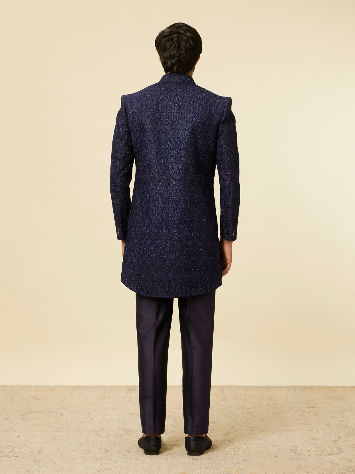 Manyavar Men Dark Blue Paisley Printed Indo Western Set