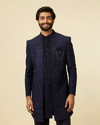 Manyavar Men Dark Blue Paisley Printed Indo Western Set