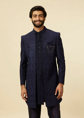 alt message - Manyavar Men Dark Blue Paisley Printed Indo Western Set image number 0