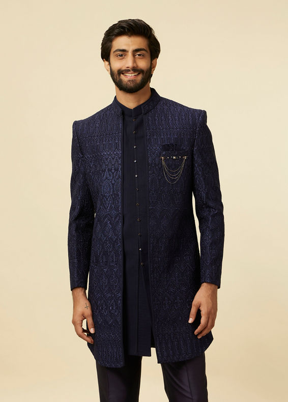 Manyavar Men Dark Blue Paisley Printed Indo Western Set