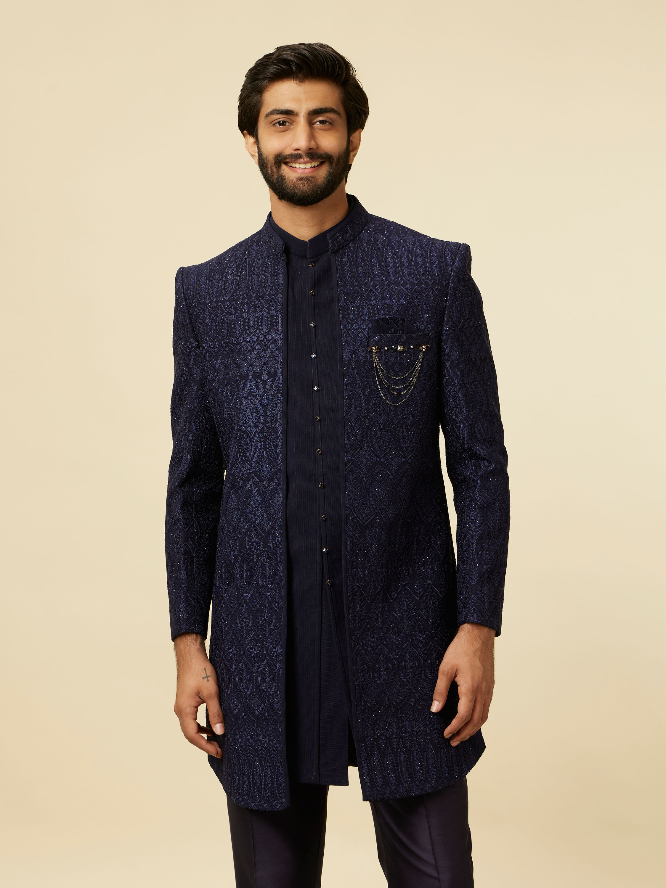 Manyavar Men Dark Blue Paisley Printed Indo Western Set