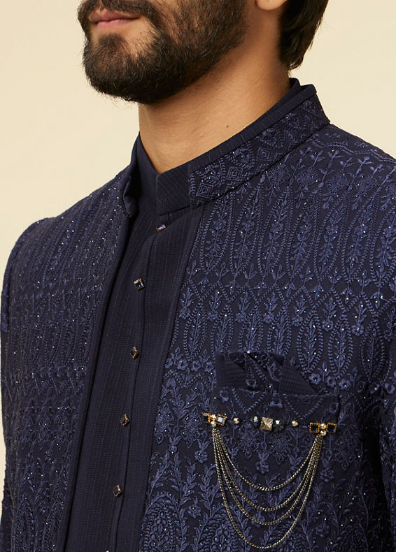 Manyavar Men Dark Blue Paisley Printed Indo Western Set