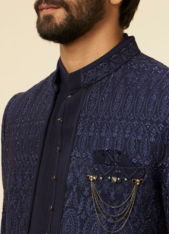 alt message - Manyavar Men Dark Blue Paisley Printed Indo Western Set image number 1