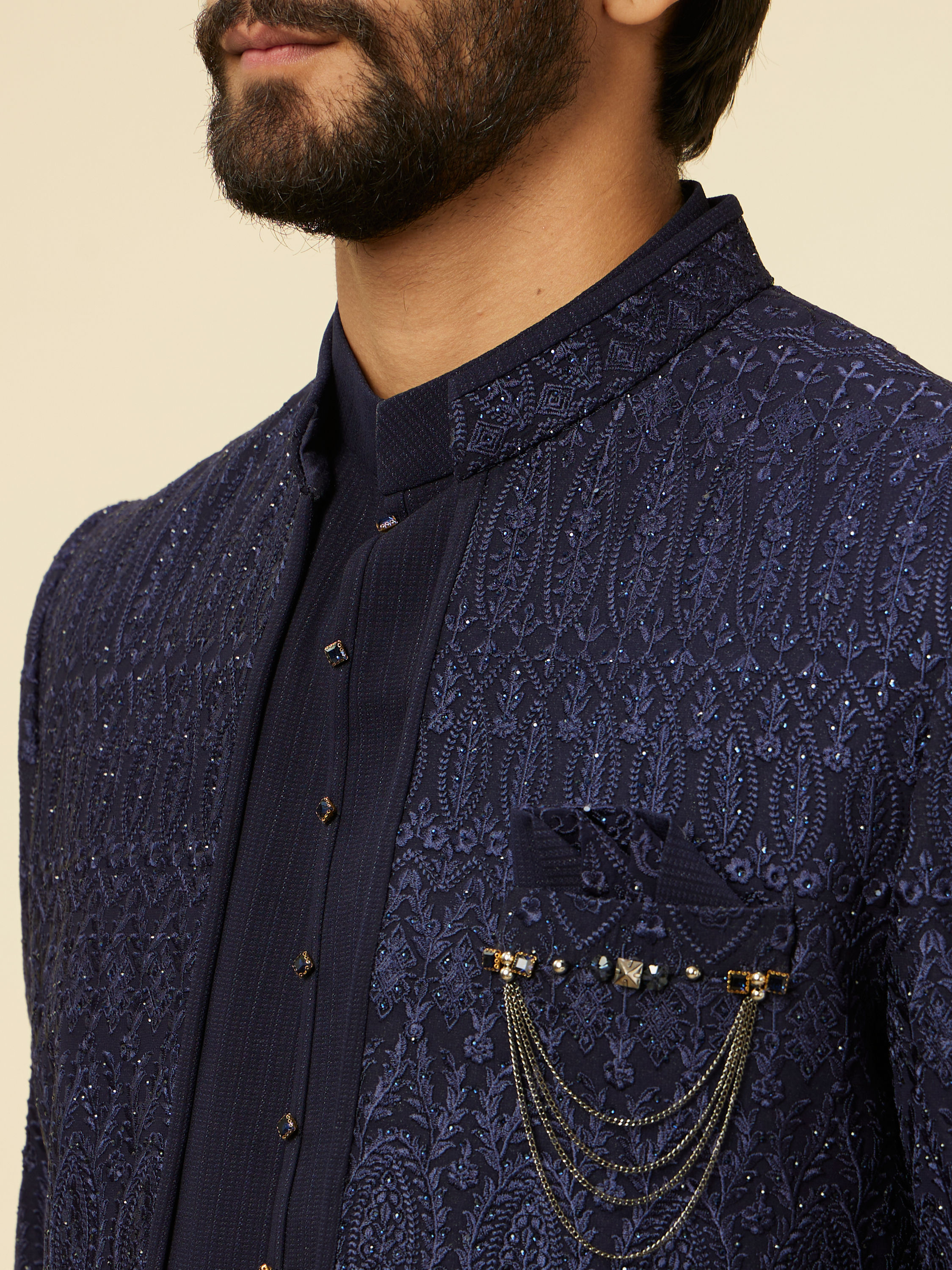 Manyavar Men Dark Blue Paisley Printed Indo Western Set