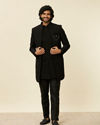 alt message - Manyavar Men Black Georgette Stone Work Embroidered Indo Western image number 2