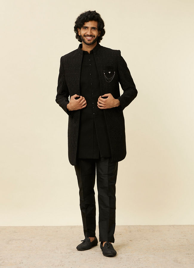 Manyavar Men Black Georgette Stone Work Embroidered Indo Western