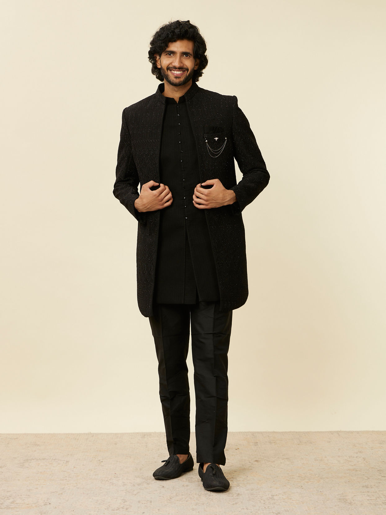 Manyavar Men Black Georgette Stone Work Embroidered Indo Western