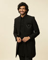 alt message - Manyavar Men Black Georgette Stone Work Embroidered Indo Western image number 0