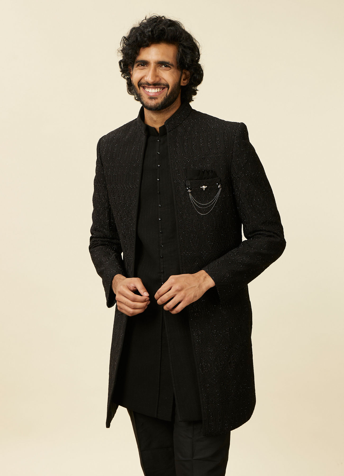 Manyavar Men Black Georgette Stone Work Embroidered Indo Western