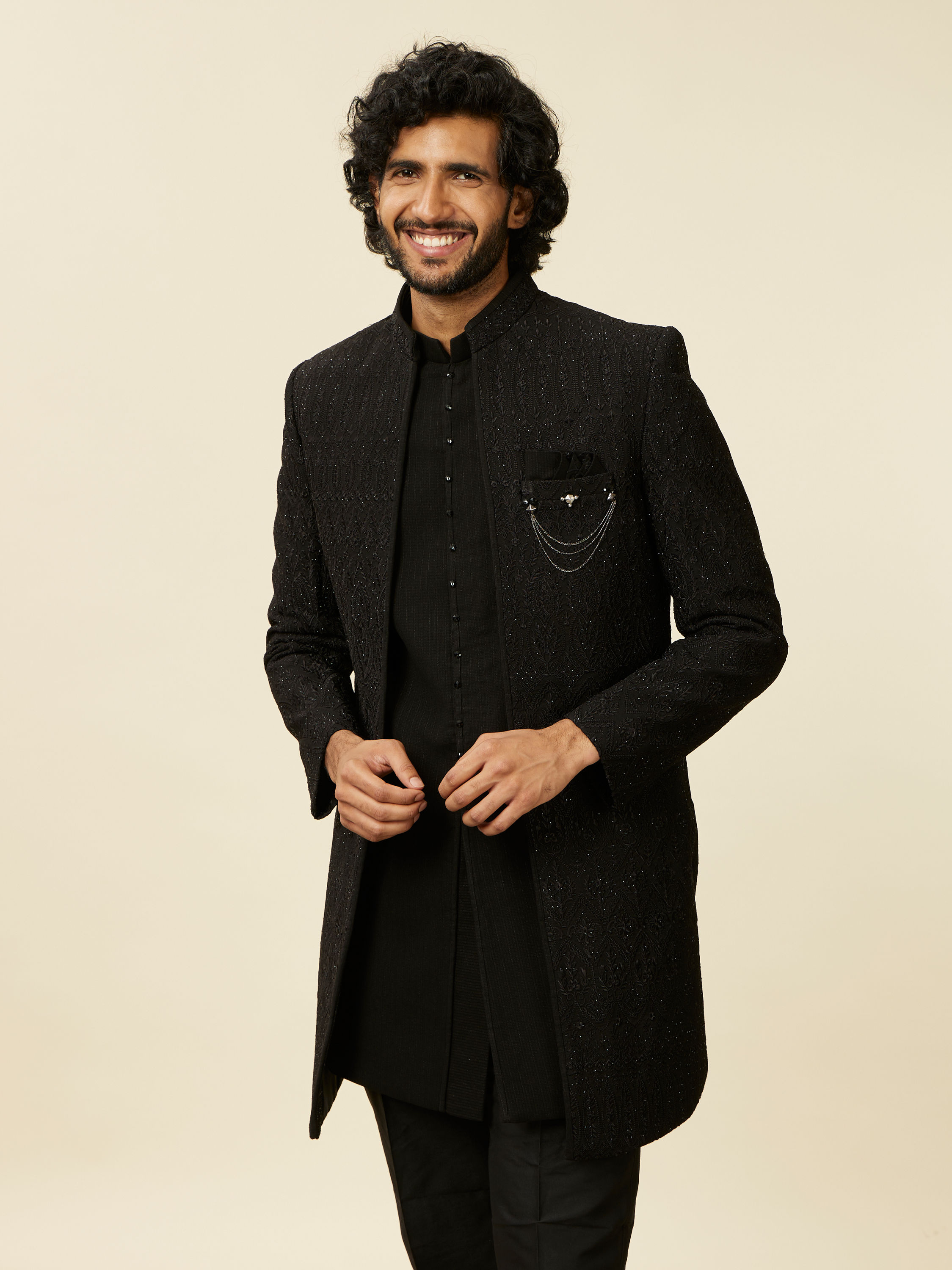 Manyavar Men Black Georgette Stone Work Embroidered Indo Western