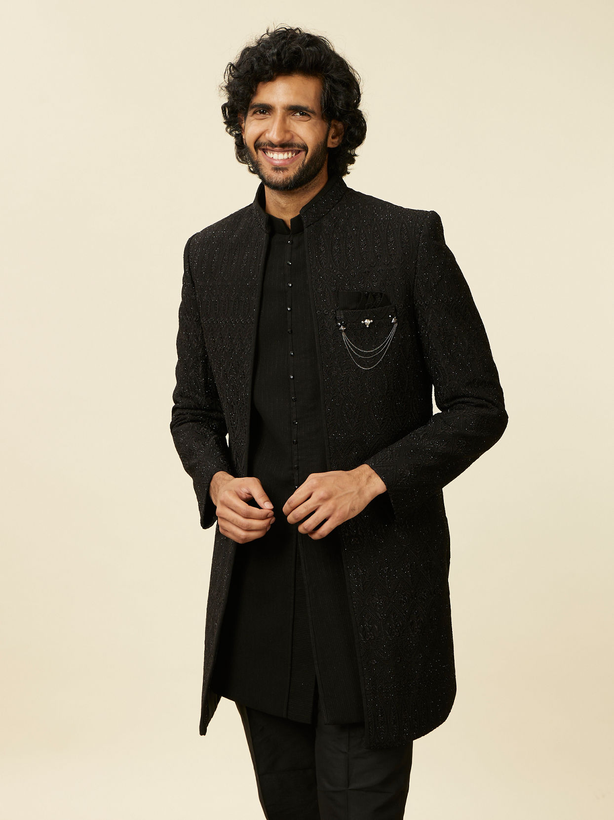 alt message - Manyavar Men Black Georgette Stone Work Embroidered Indo Western image number 0