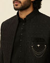 alt message - Manyavar Men Black Georgette Stone Work Embroidered Indo Western image number 1