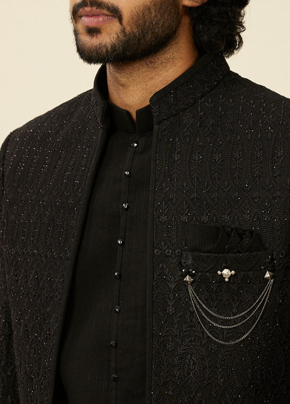 Manyavar Men Black Georgette Stone Work Embroidered Indo Western