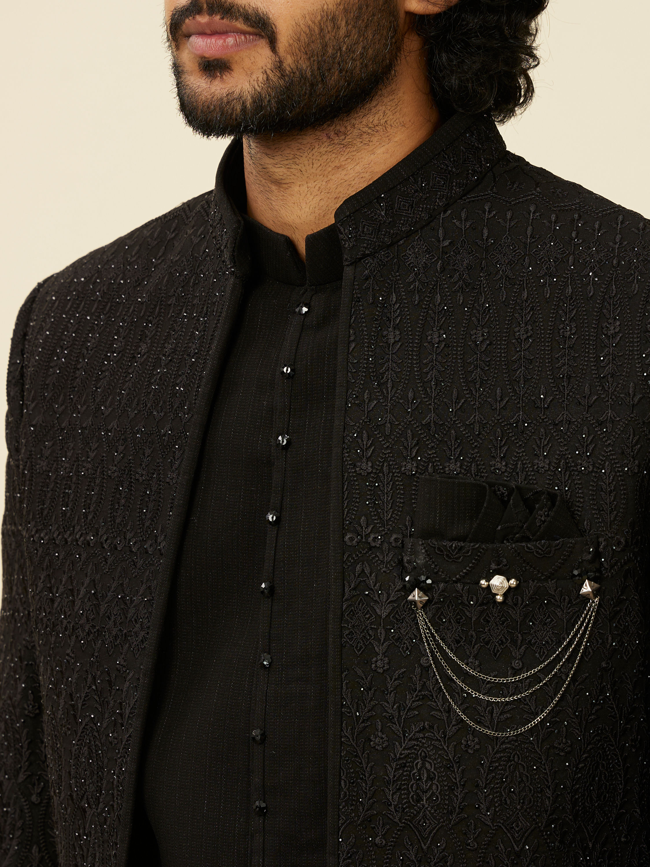 Manyavar Men Black Georgette Stone Work Embroidered Indo Western