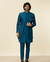 Manyavar Men Teal Blue Jaal Patterned Indo Western Set