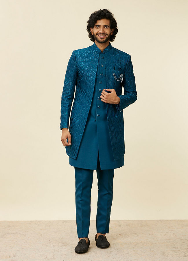 Manyavar Men Teal Blue Jaal Patterned Indo Western Set