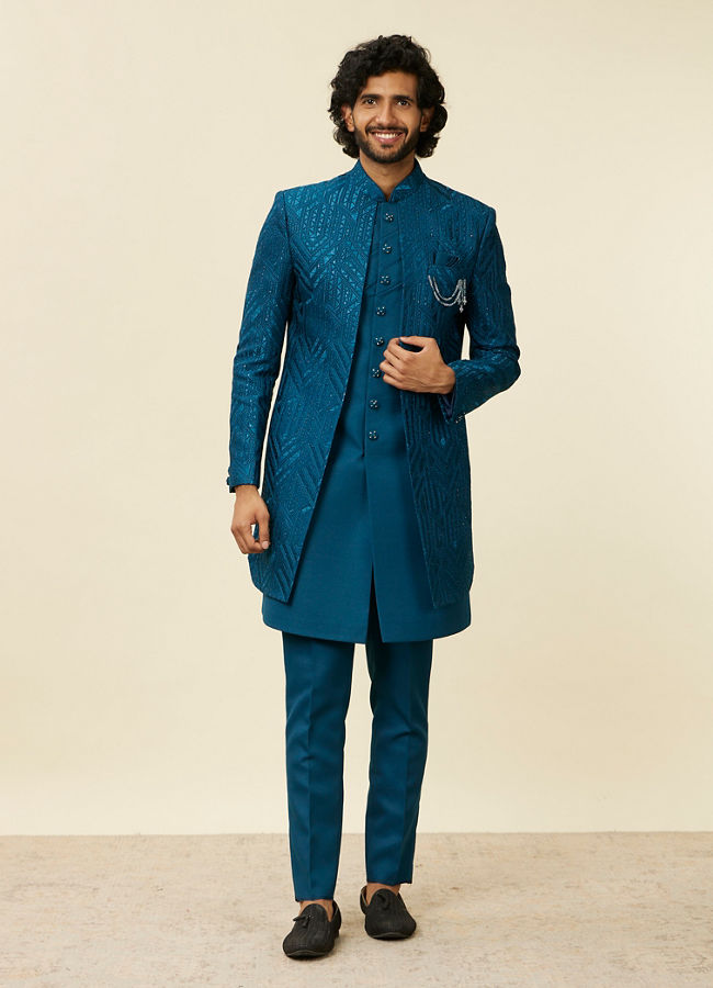 Manyavar Men Teal Blue Jaal Patterned Indo Western Set image number 2