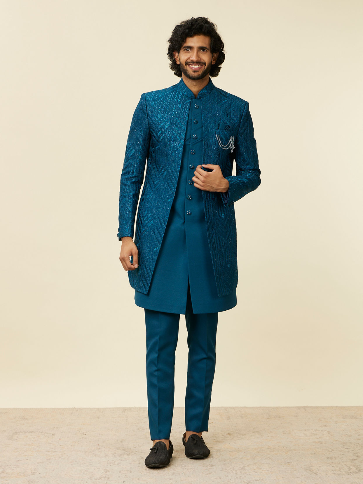 Manyavar Men Teal Blue Jaal Patterned Indo Western Set