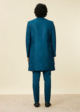 Manyavar Men Teal Blue Jaal Patterned Indo Western Set image number 4