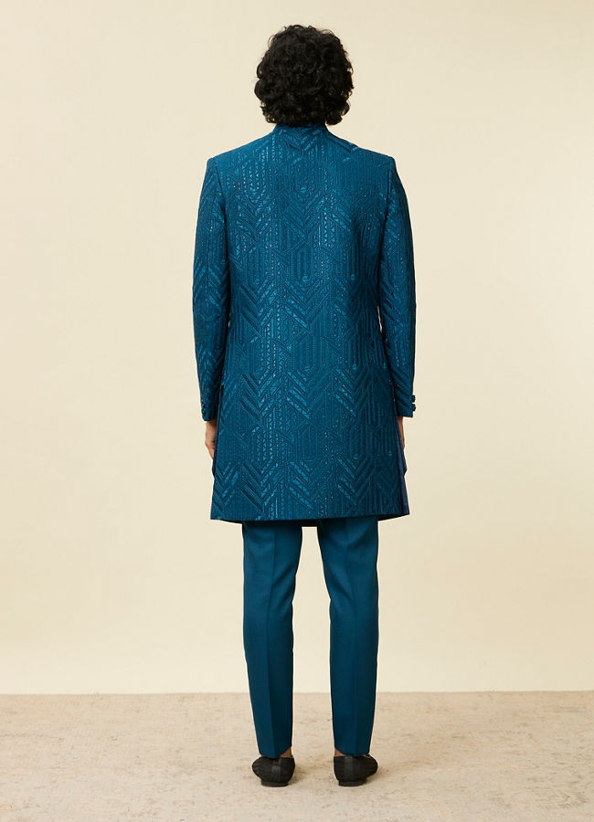 Manyavar Men Teal Blue Jaal Patterned Indo Western Set