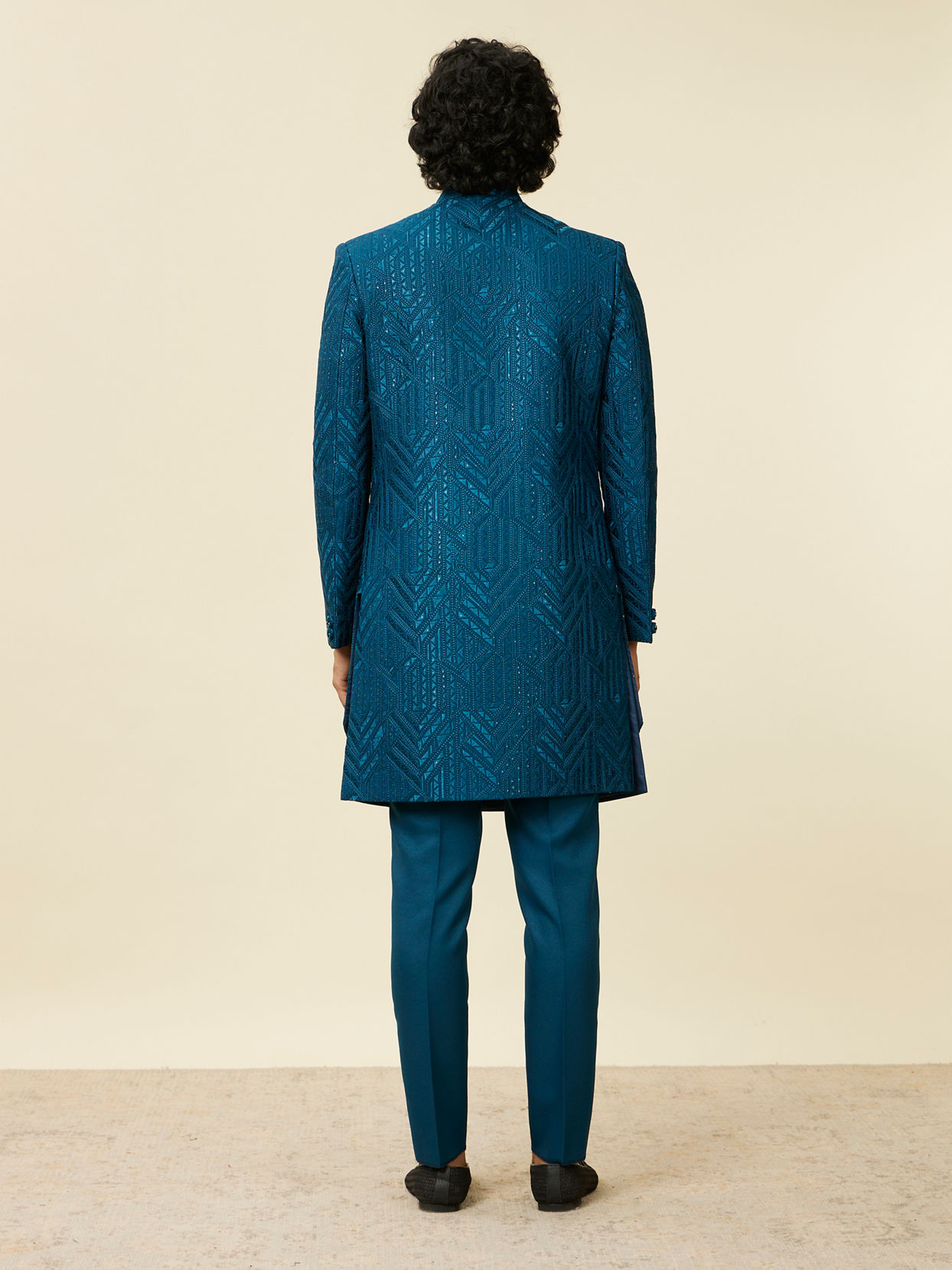 Manyavar Men Teal Blue Jaal Patterned Indo Western Set