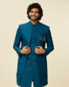 Manyavar Men Teal Blue Jaal Patterned Indo Western Set
