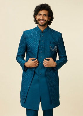 Manyavar Men Teal Blue Jaal Patterned Indo Western Set