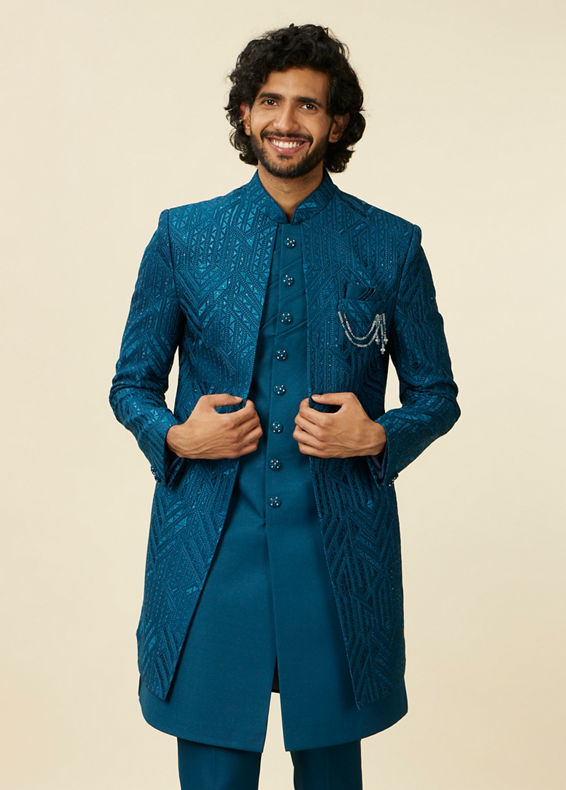 Manyavar Men Teal Blue Jaal Patterned Indo Western Set