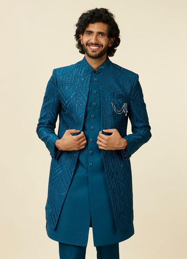 Manyavar Men Teal Blue Jaal Patterned Indo Western Set