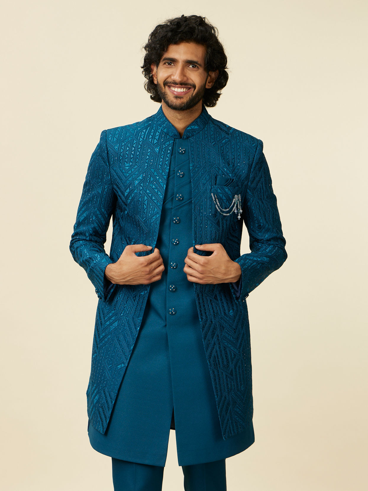 Manyavar Men Teal Blue Jaal Patterned Indo Western Set