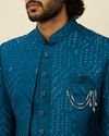 Manyavar Men Teal Blue Jaal Patterned Indo Western Set image number 1