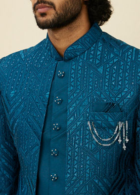 Manyavar Men Teal Blue Jaal Patterned Indo Western Set image number 1