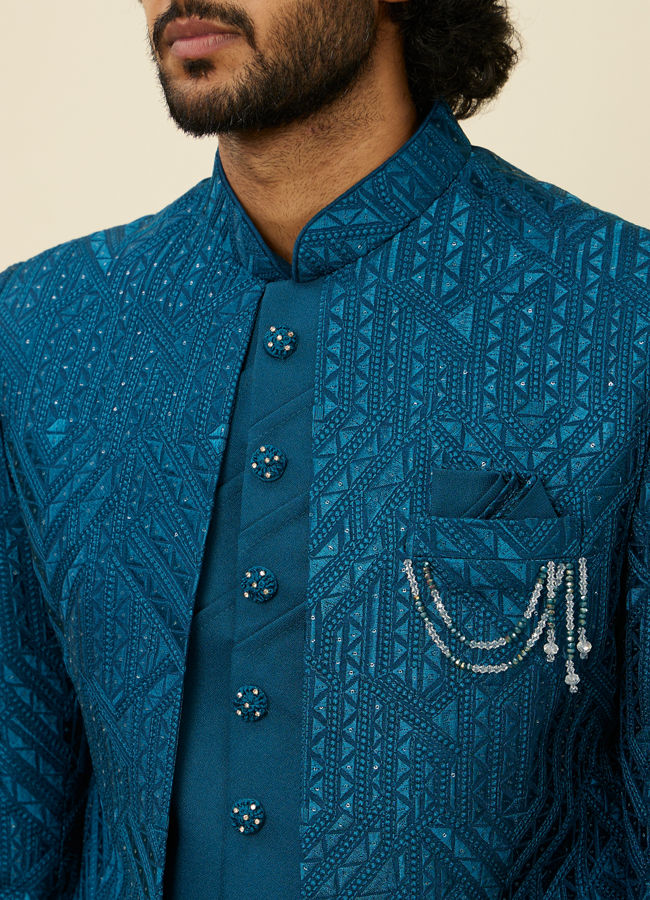Manyavar Men Teal Blue Jaal Patterned Indo Western Set