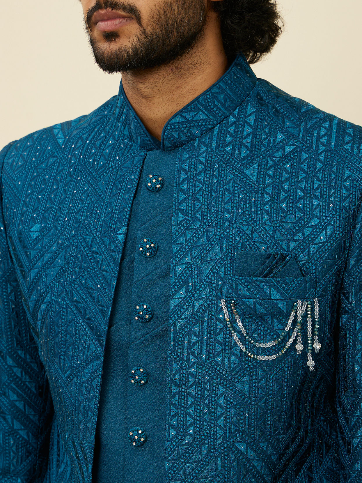 Manyavar Men Teal Blue Jaal Patterned Indo Western Set