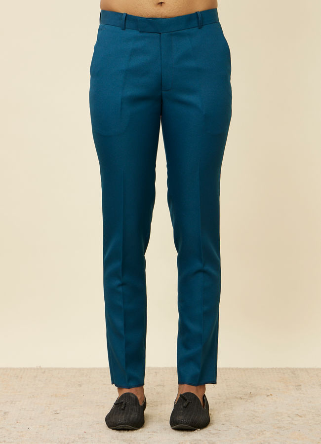 Manyavar Men Teal Blue Jaal Patterned Indo Western Set