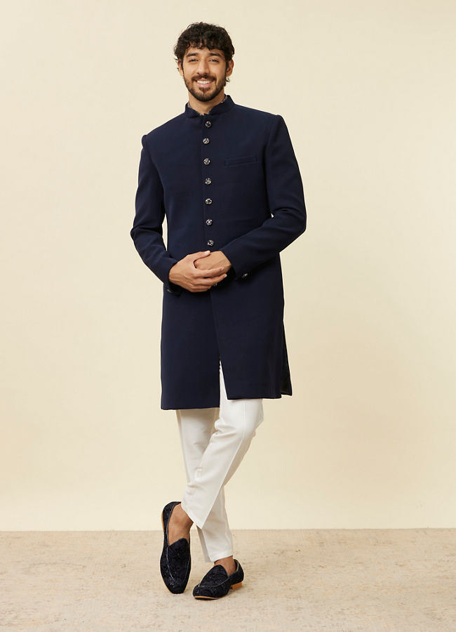 Manyavar Men Dark Blue Paisley Patterned Indo Western Set