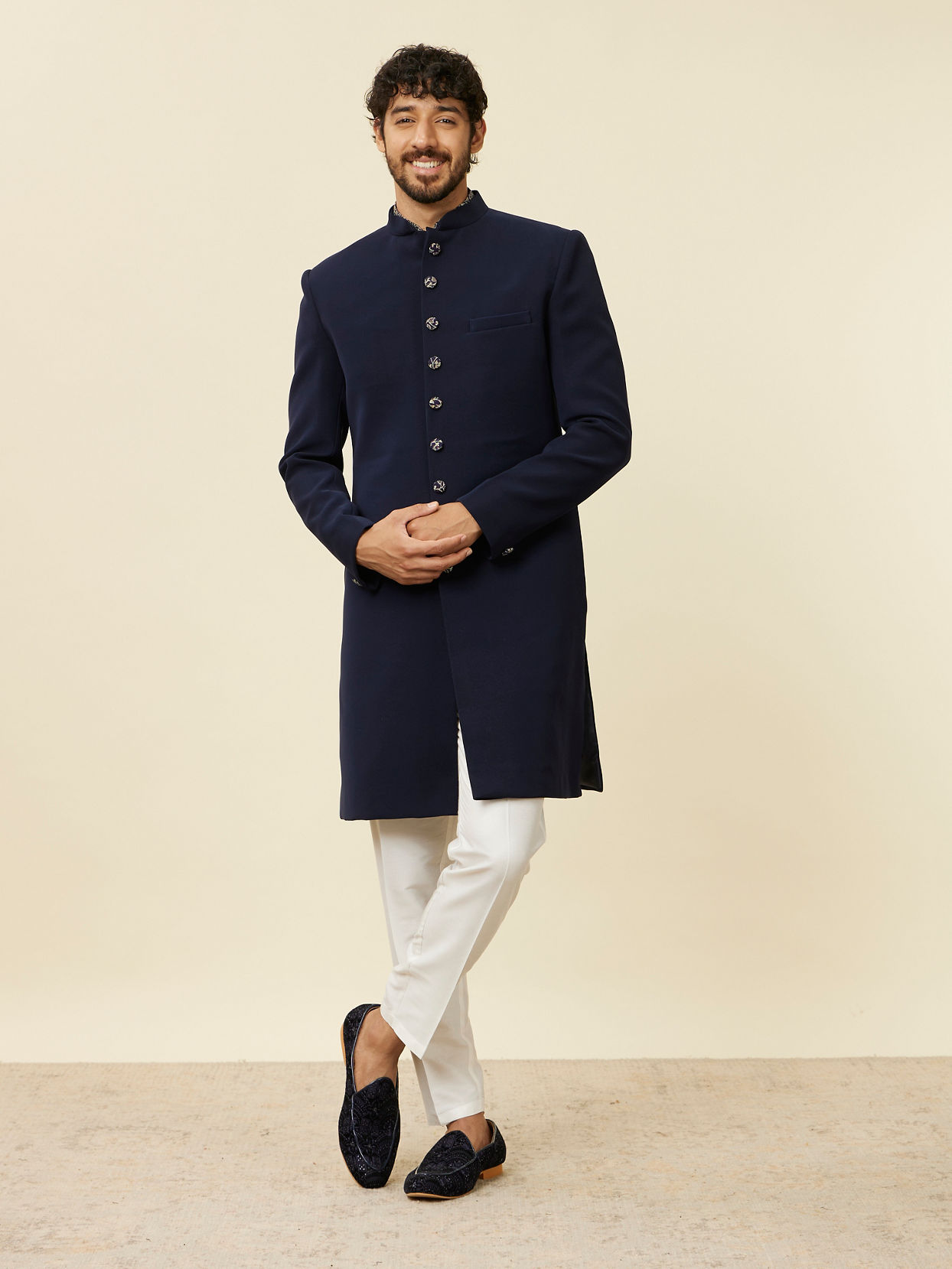 Manyavar Men Dark Blue Paisley Patterned Indo Western Set