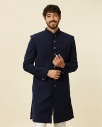 Manyavar Men Dark Blue Paisley Patterned Indo Western Set