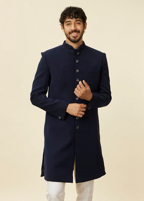 Manyavar Men Dark Blue Paisley Patterned Indo Western Set