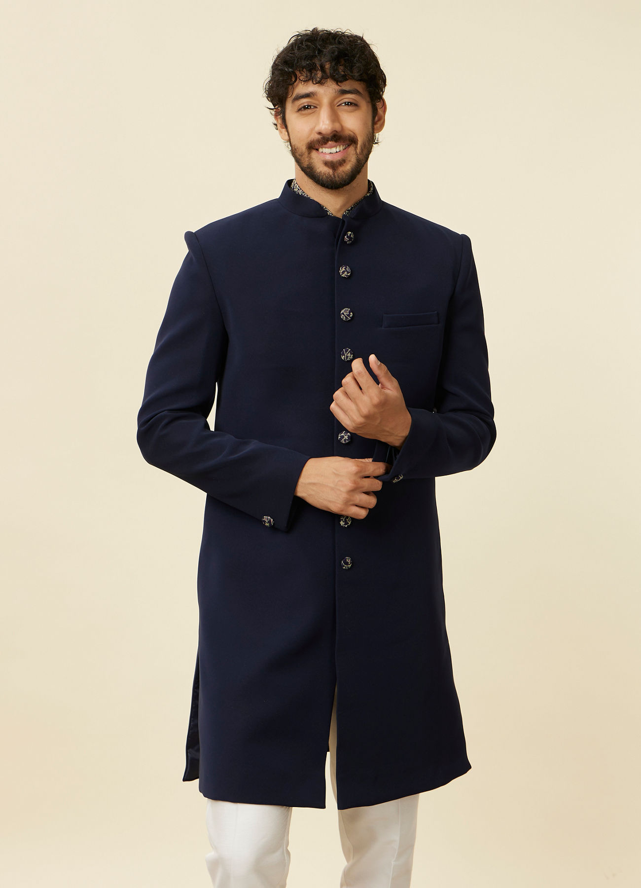 Manyavar Men Dark Blue Paisley Patterned Indo Western Set