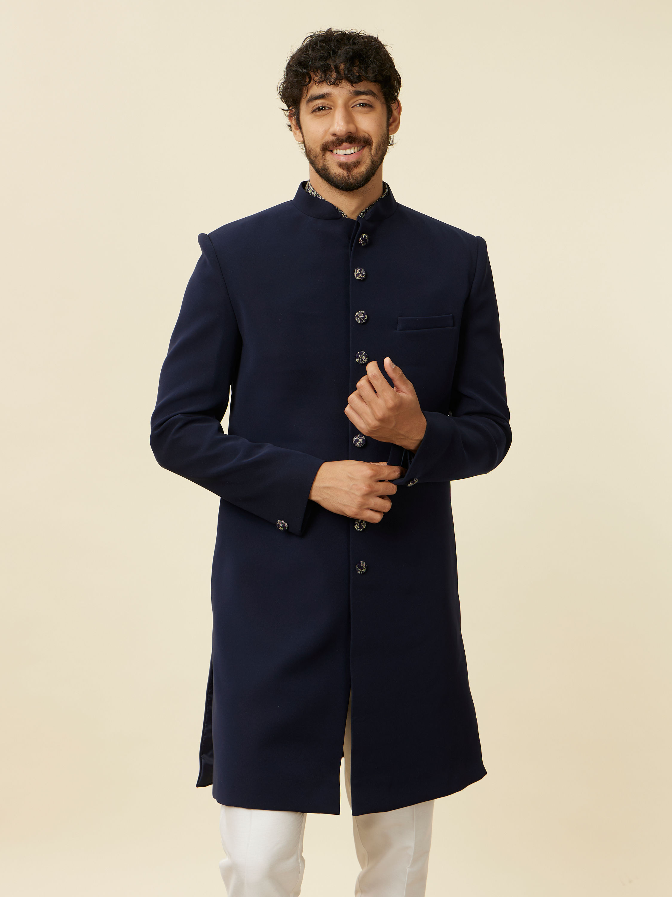 Manyavar Men Dark Blue Paisley Patterned Indo Western Set