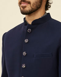 Manyavar Men Dark Blue Paisley Patterned Indo Western Set