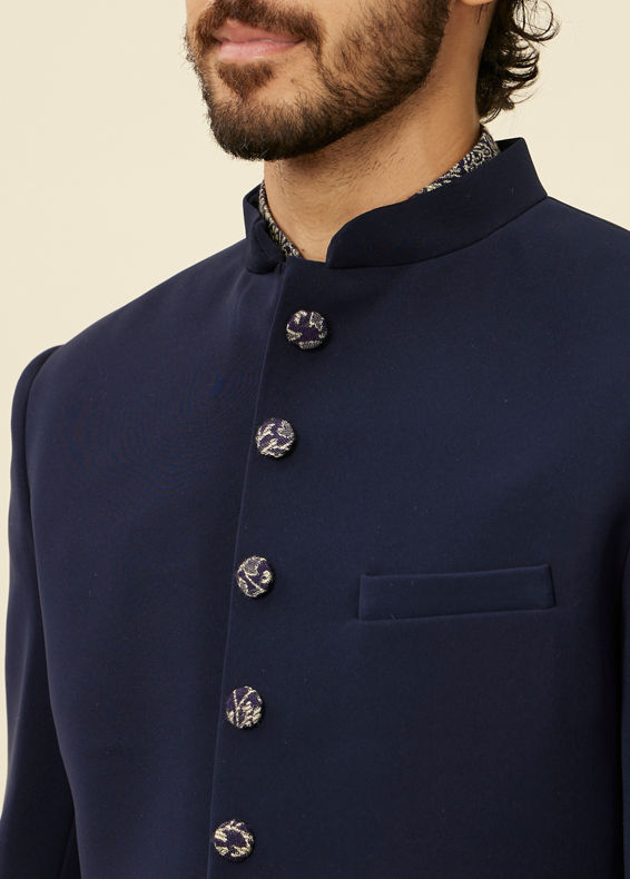 Manyavar Men Dark Blue Paisley Patterned Indo Western Set