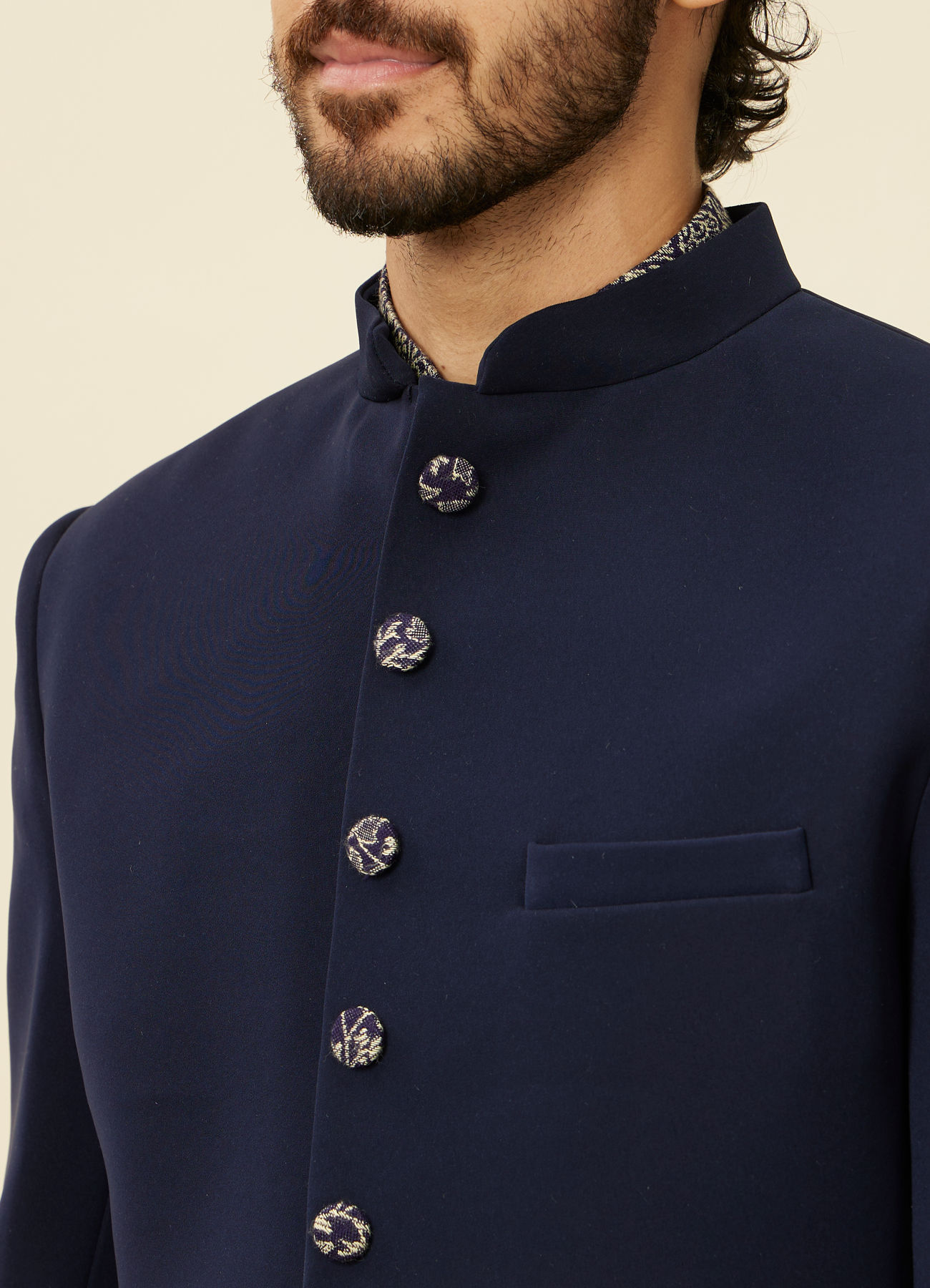 Manyavar Men Dark Blue Paisley Patterned Indo Western Set