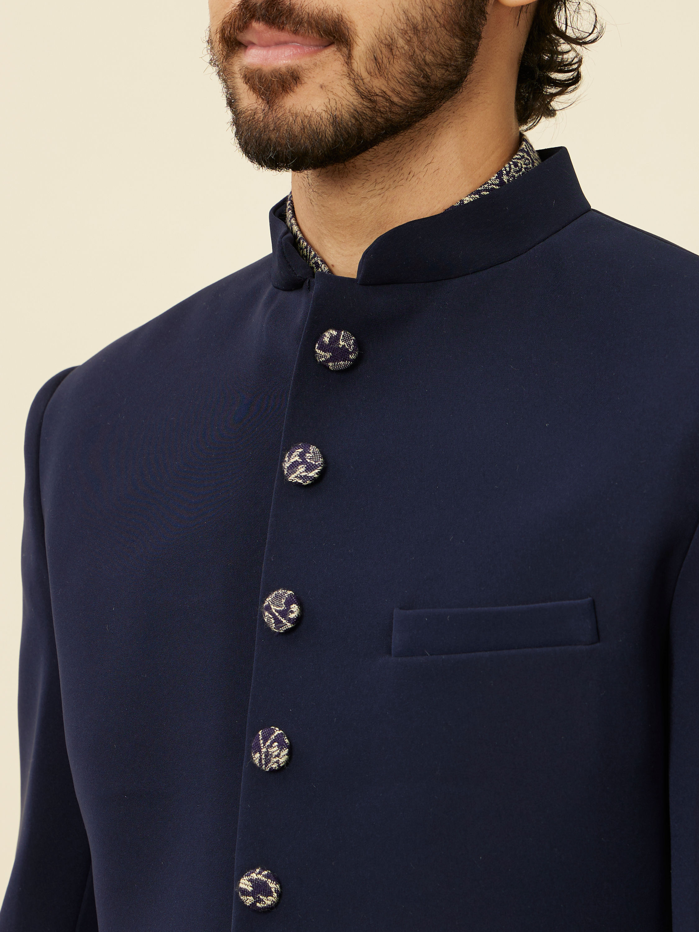 Manyavar Men Dark Blue Paisley Patterned Indo Western Set