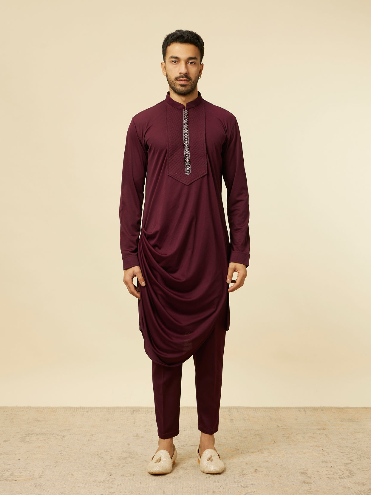 Manyavar Men Mauve Wine Self Patterned Indo Western Set